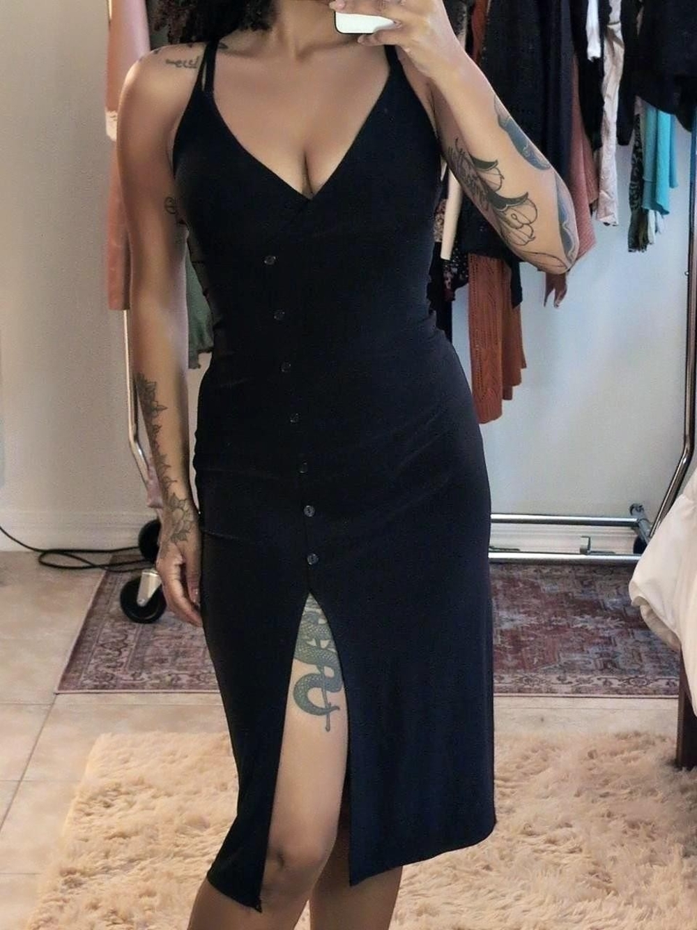 Rolla Coster Black Button-Front V-Neck Midi Dress